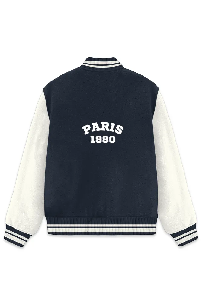 Unisex Paris 1980 Varsity Jacket Navy Blue 320 GSM Premium cotton | Dripsquadx image 1